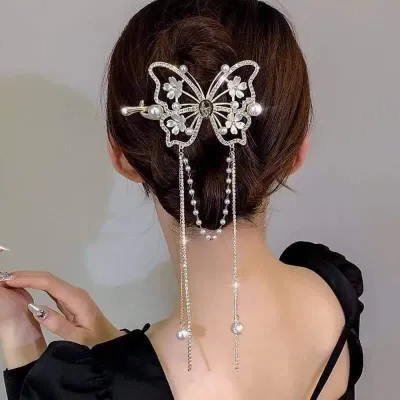 Elegant White Rose Butterfly Tassel Hair Grip Clip